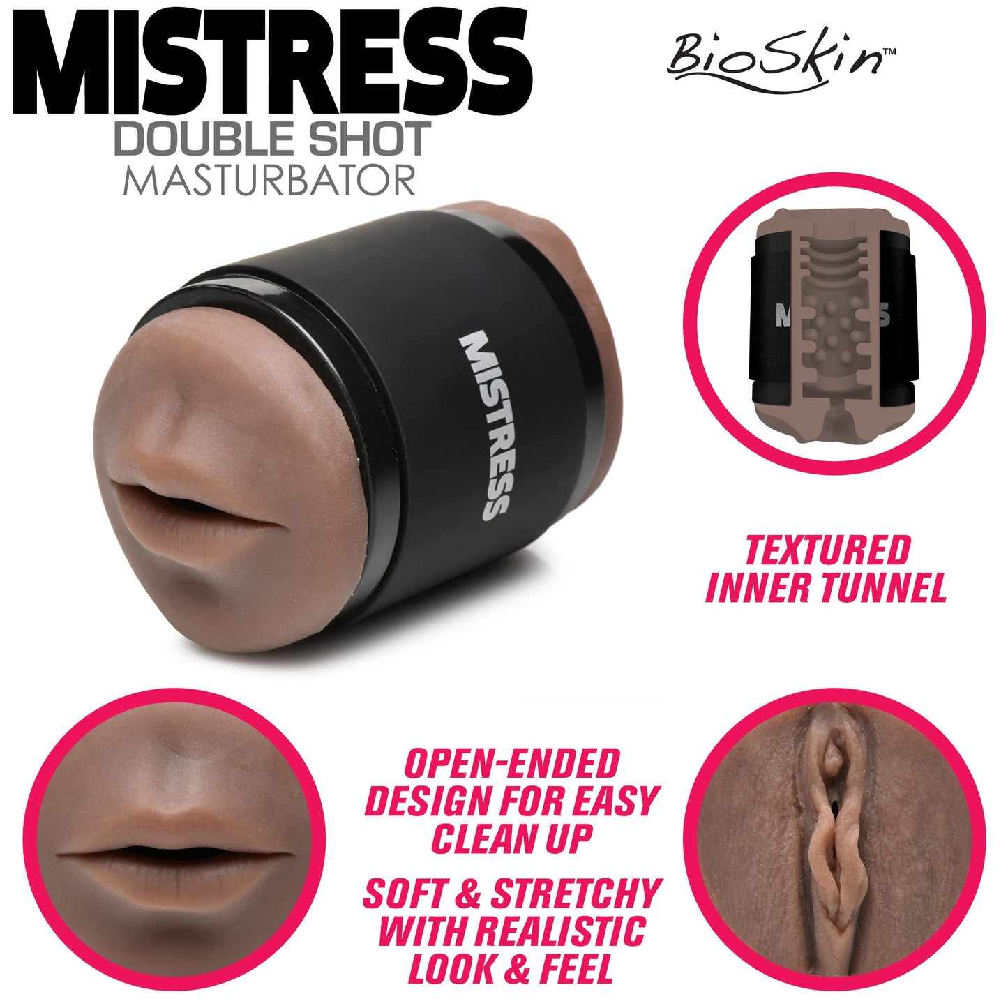 CURVE TOYS Mistress Double Shot Mouth & Pussy Stroker for Men & Couples. Textured Inner Tunnel Soft & Easy-To-Clean Mouth & Pussy Male Stroker, 3 Piece Set, Dark.