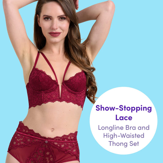 Lovehoney Lingerie Parisienne Red Lace Plunge Longline Bra and Crotchless Thong Set - Lightly Padded Underwired Cups - Size 6-8