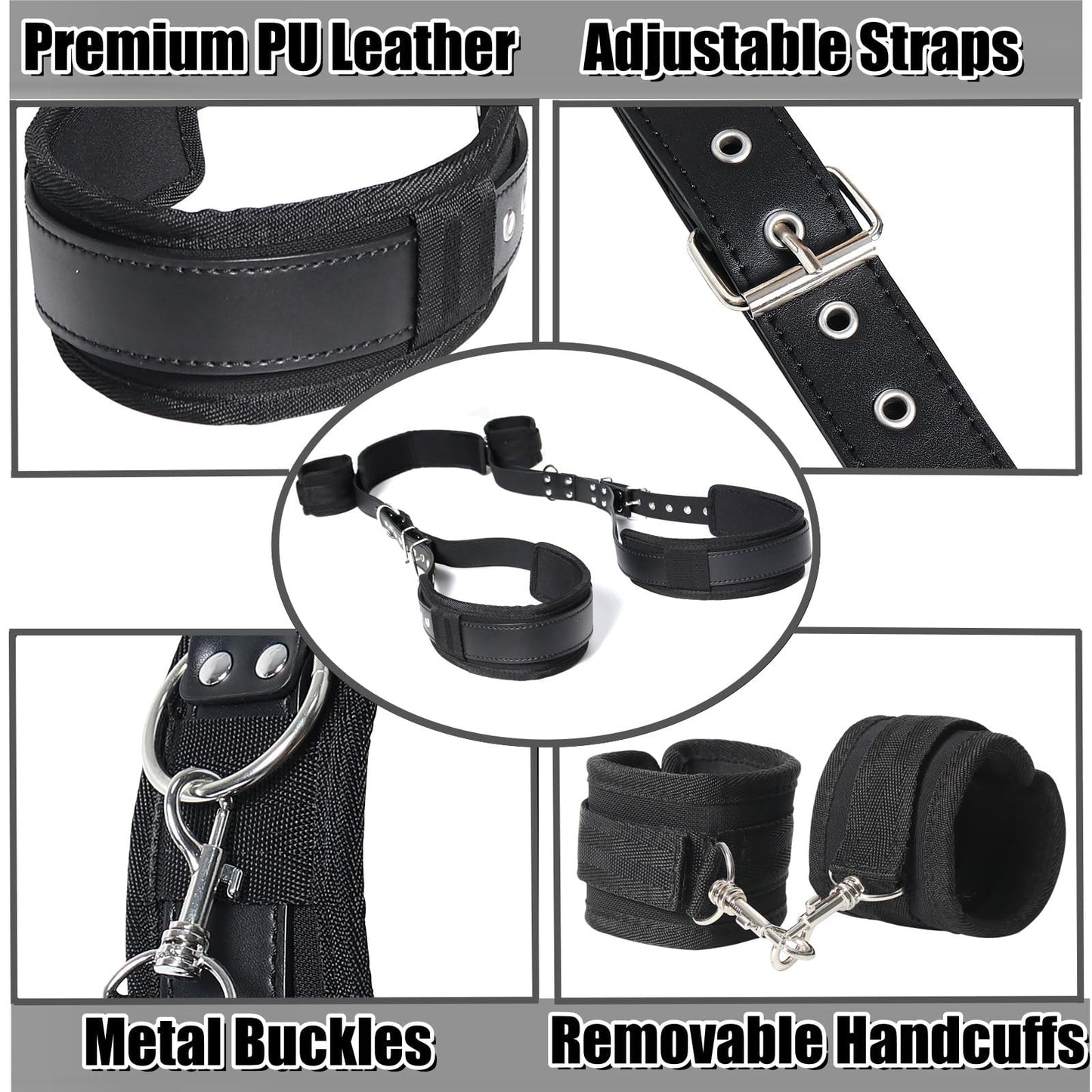 BDSM Sex Bondage Set with Handcuffs and Leg Straps Cuffs, Adjustable Wrist Thigh Restraint Ropes and Soft Tie Set, Portable SM Games Sex Toys for Couples Restraints Kit Unisex