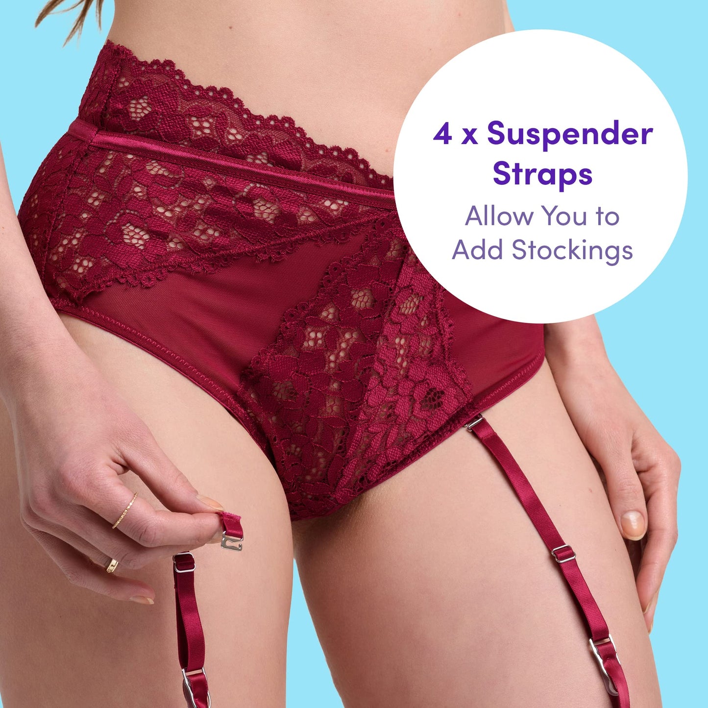 Lovehoney Lingerie Parisienne Red Lace Plunge Longline Bra and Crotchless Thong Set - Lightly Padded Underwired Cups - Size 6-8