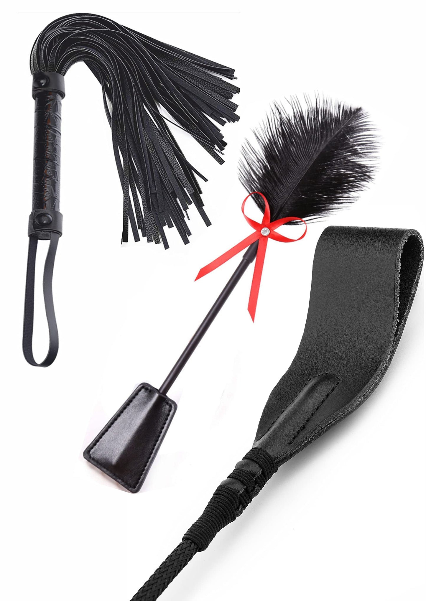 MALINERO Black Faux Leather Whip 18" Feather Tickler 15" Set - Equestrian Horse Riding Whip - Horse Whip Set