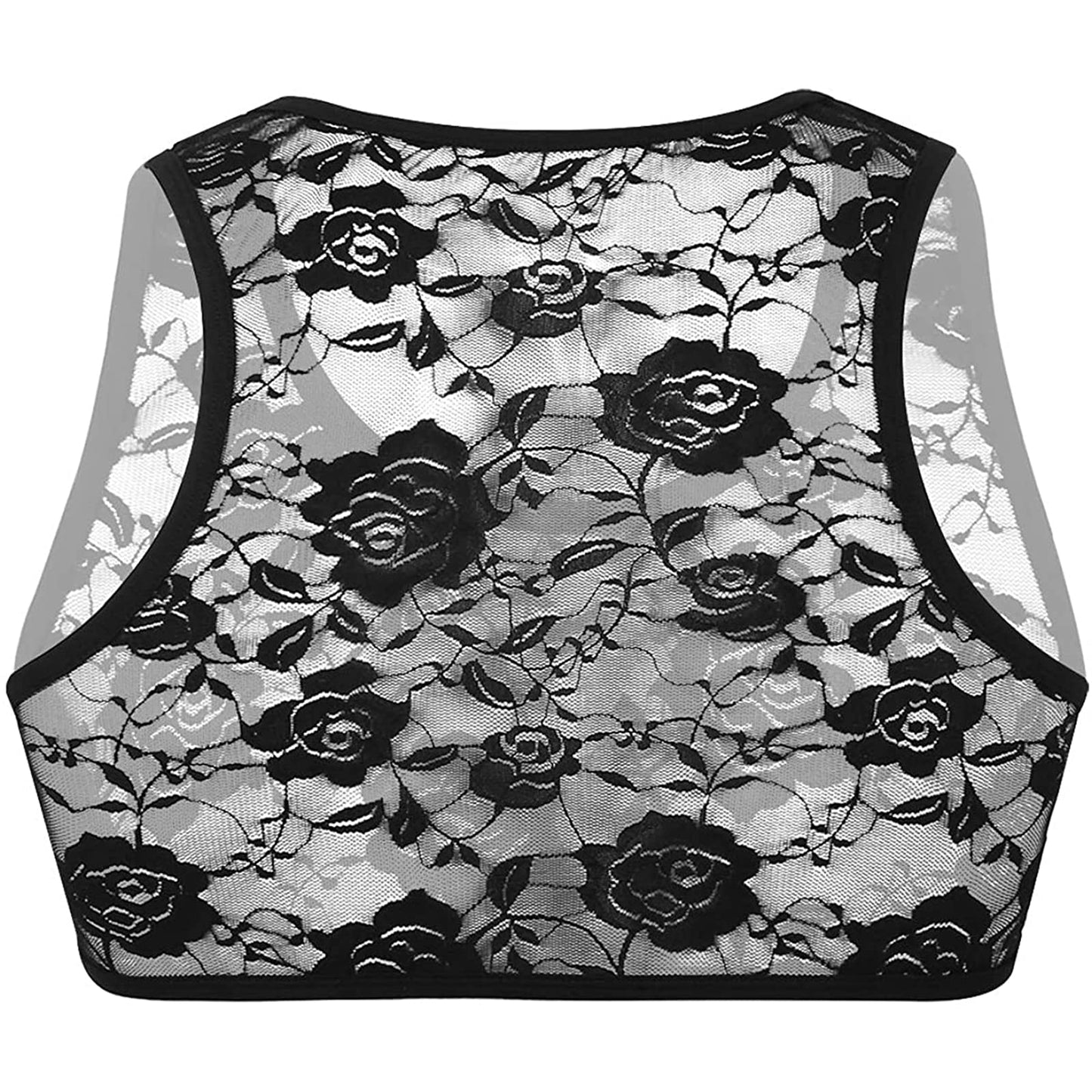 TAIKMD Men's Sissy Lace Floral Mesh Sleeveless Muscle Fitted Vest See Through Half T-Shirt Top Undershirt (Black, X-Large)