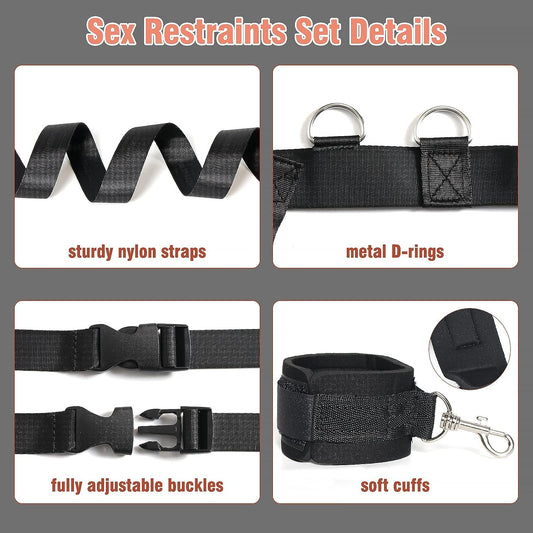 Sex Bondage BDSM Kit Bed Restraints Set, Super Easy Install Sex Rope Adjustable Straps, Sex Toys with Handcuffs Ankle Cuff for Adults Women Couples Game Pleasure