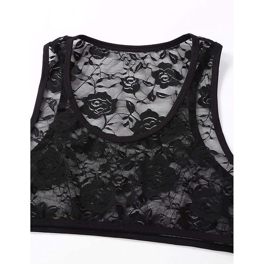TAIKMD Men's Sissy Lace Floral Mesh Sleeveless Muscle Fitted Vest See Through Half T-Shirt Top Undershirt (Black, X-Large)
