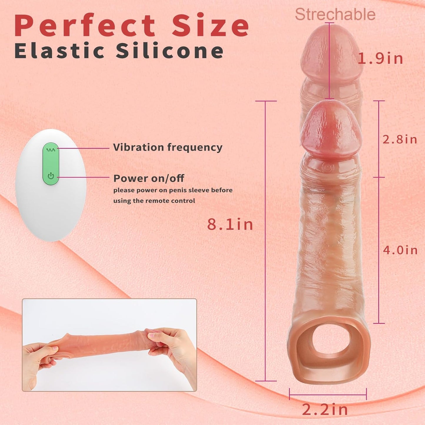 Penis Sleeve Vibrating Cock Sleeve Penis Extender Dildo, Realistic Adult Sex Toys 2.8In Penis Extension Vibrator 10 Modes Remote Control, Elastic Penis Ring to Enlarge Prolong for Men Couples