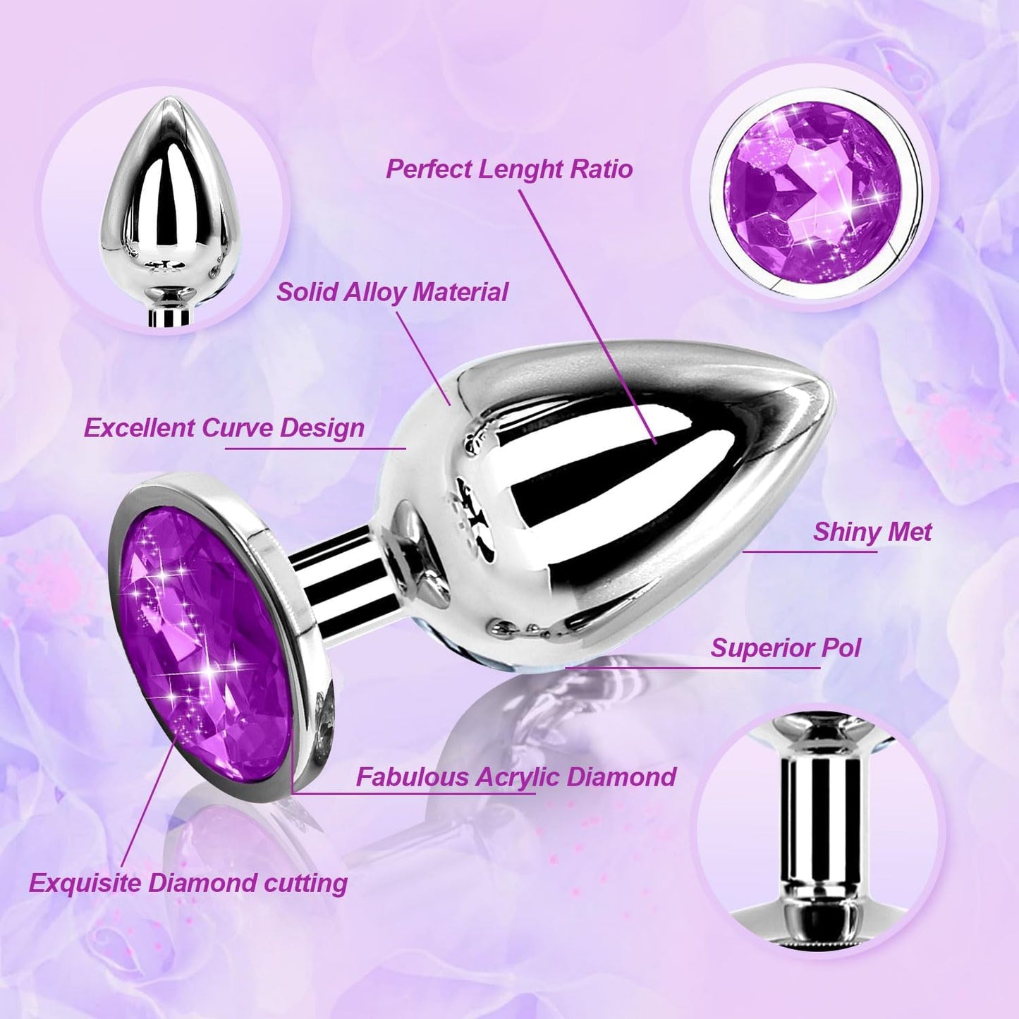 M1-3 Pieces Metal Stainless Steel Watertight Male Exercise Metal Crystal Diamond Beginner Plug Kit for Men and Women (Purple)