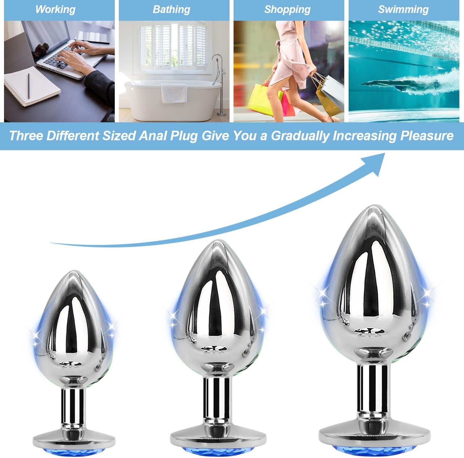 BKL3-3 Sizes of Stainless Steel Universal Exercise Plug Kit for Men and Women (Blue) Male Exercise Metal Crystal Diamond Beginner Plug Kit