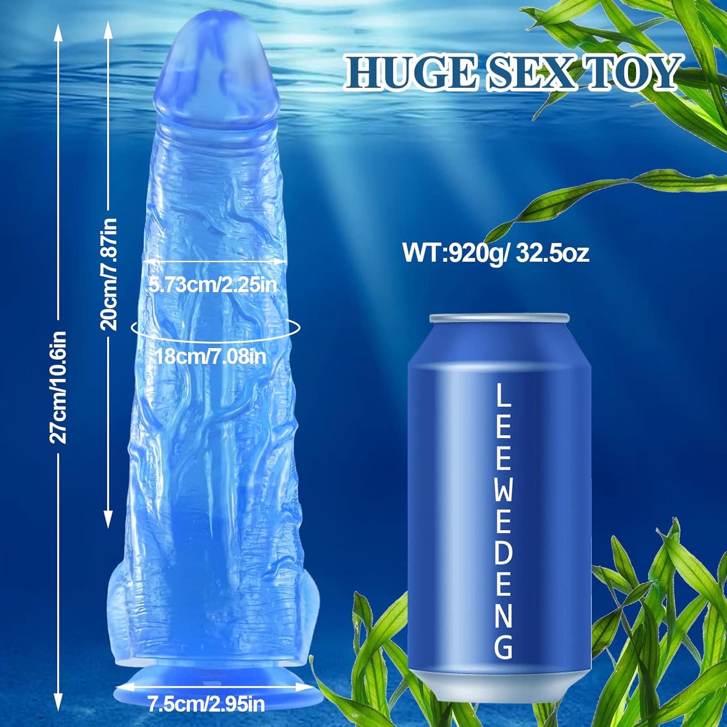 Realistic Big Dildo,11 Inch XXL Blue Small Tip Thick Elephant Dildo with Suction Cup, Crystal Monster Dildos Adult Sex Toy for Women Men Butt Plugs