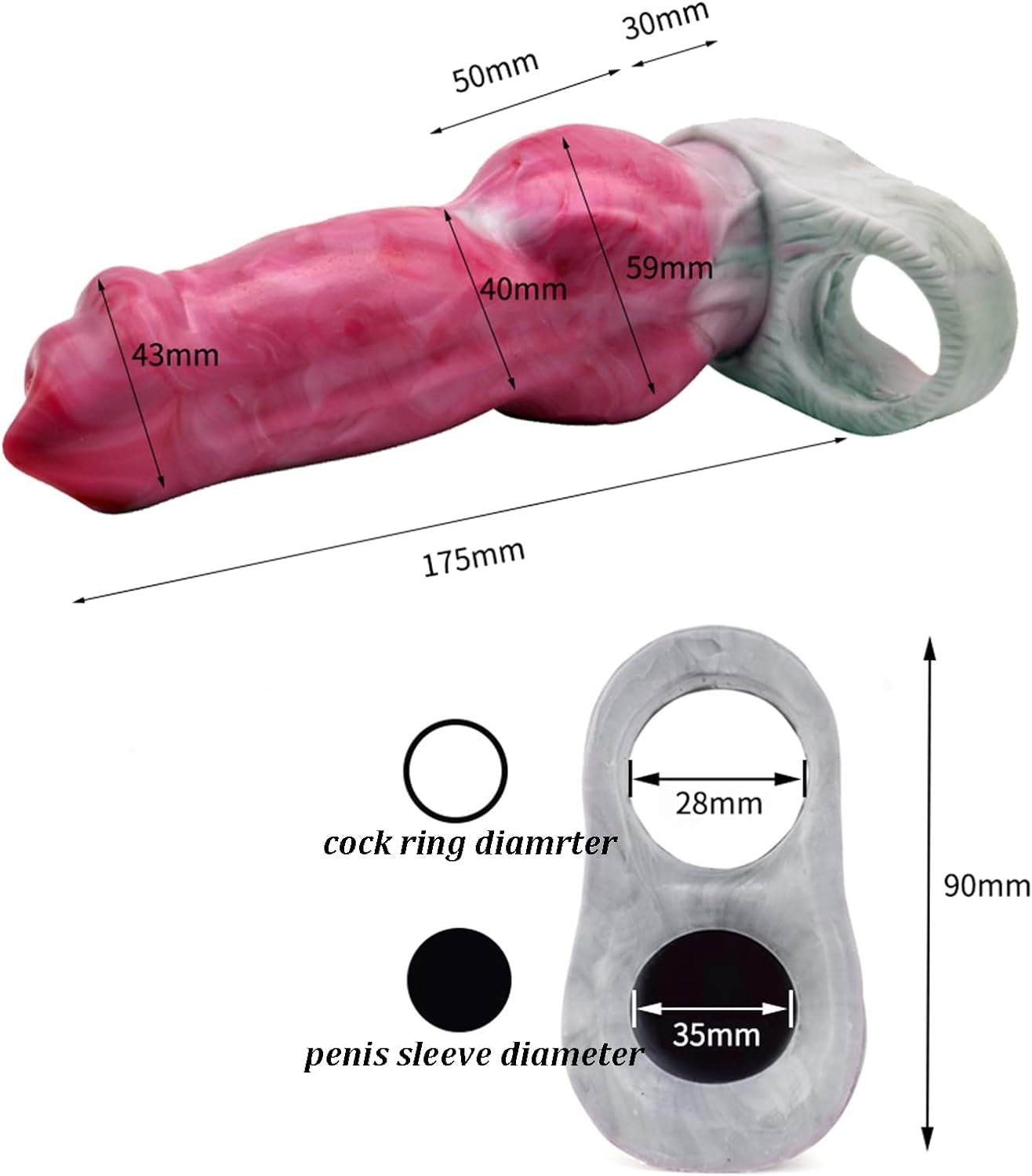 Silicone Penis Sleeve Enlarger Male Penis Extension Sleeve with Cock Ring, Realistic Dog Knot Penis Sheath Cock Extender Sleeve Adult Sex Toys (Red)